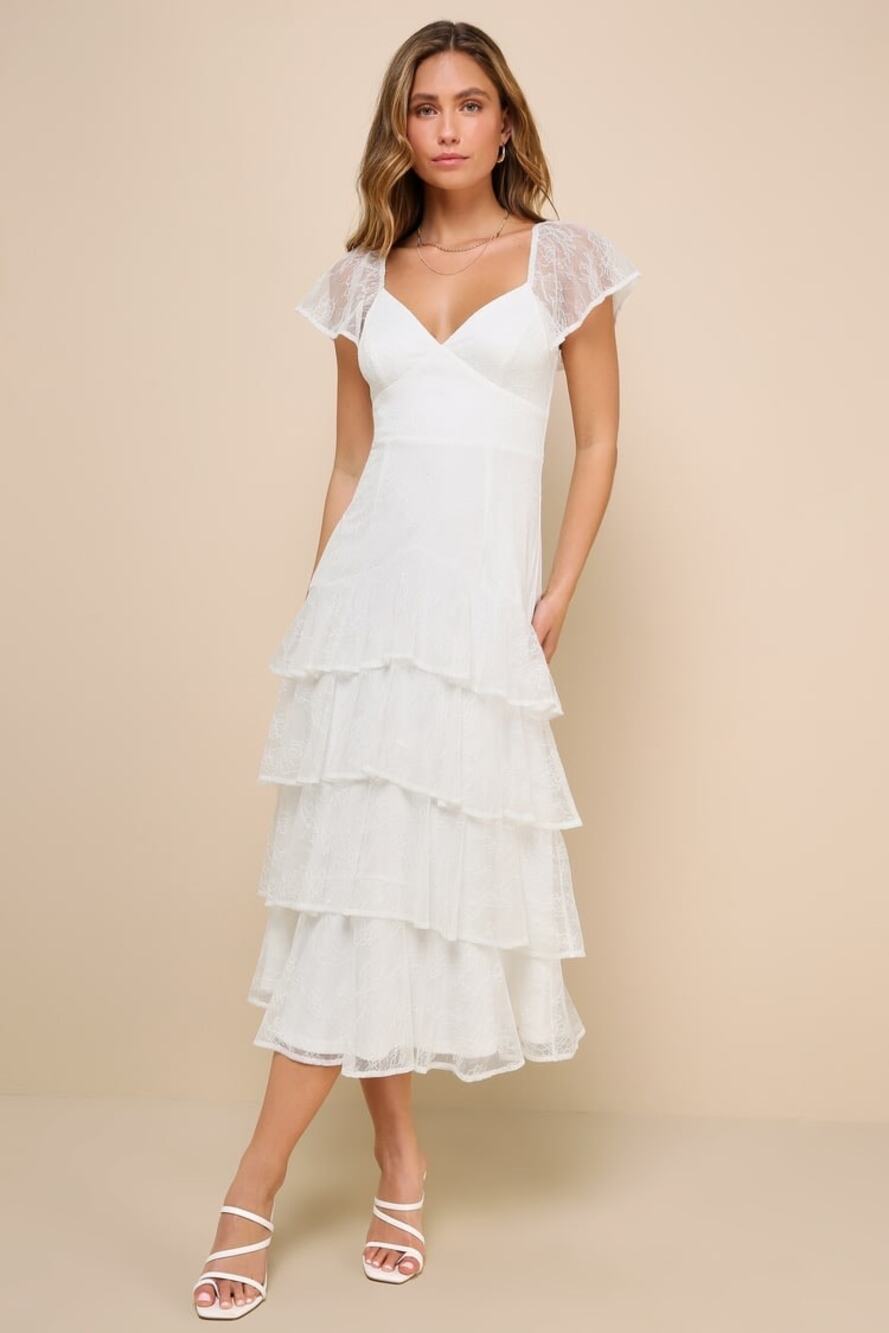 Lulus Graceful Darling White Lace Flutter Sleeve Tiered Midi Dress XL NWT